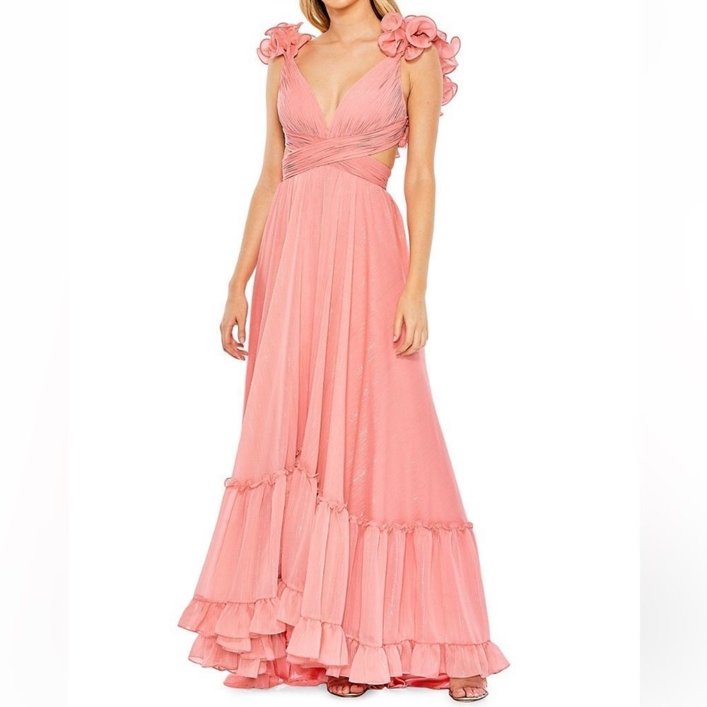 Mac Duggal 68094 Coral Pink Ruffled A-Line Plunge Neck Cocktail Formal Gown Sz 2